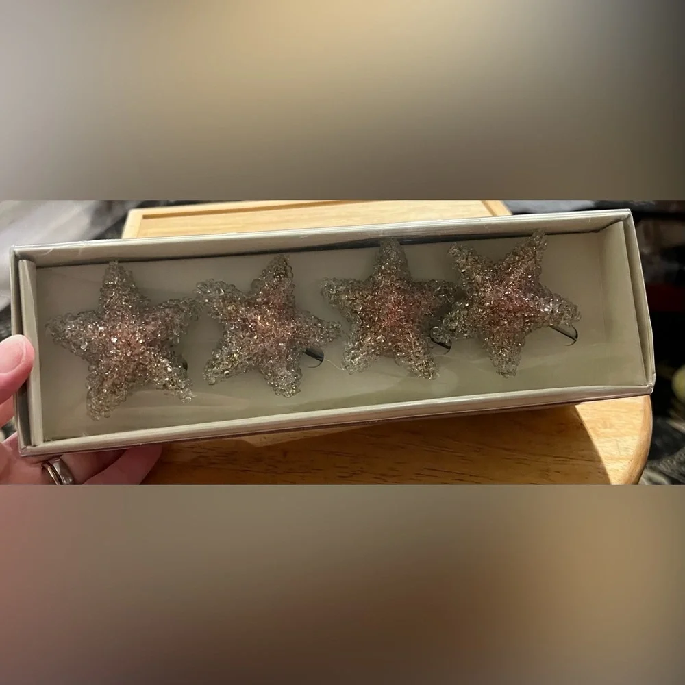 VTG Pier 1 Imports Set of 4 Gold Beaded Star Napkin Rings New In Box - Starfish